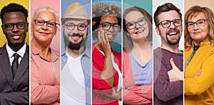Collage of young and senior people wearing reading glasses