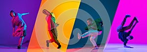 Collage with young sportive men, break dance, hip hop dancer practicing in casual clothes isolated over colorful