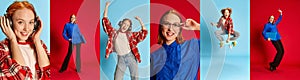 Collage. Young stylish redhead girl posing in casual and official clothes over multicolored background. Cheerful and photo