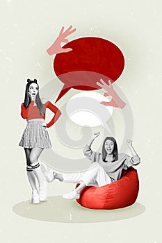 Collage of young two girls lying pouf together speaking dialogue discussion chatterbox copyspace bubbles isolated on