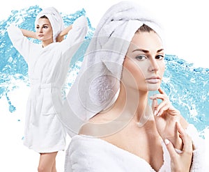 Collage of young woman in bathrobe enjoying freshness.