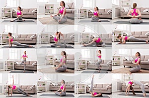 Collage of young woman doing fitness exercises at home