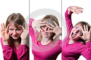 Collage of a young woman expressing different emotions and feelings. on a white background