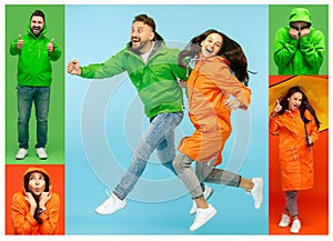 Collage about young woman and handsome bearded young man on vivid trendy colors at studio