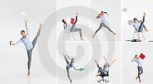 Collage of young woman in official suit, office employee dancing, jumping isolated over white background