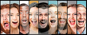 The collage of young women and men smiling face expressions