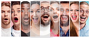 The collage of young women and men smiling face expressions