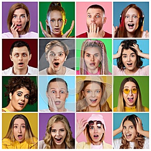 collage of young women and men surprised face expressions