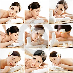 Collage of young women on spa massage procedures