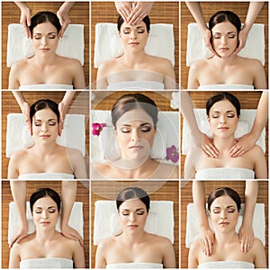 Collage of young women on spa massage procedures