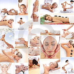 A collage of young women on spa procedures