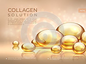 Collagen background. Golden oil bubble, cosmetic skin care essence, beauty serum face mask. Vector golden collagen