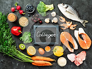 Collagen in food concept, top view