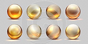 Collagen golden balls. Realistic cosmetic oil, liquid serum drop, transparent isolated 3D pills. Vector yellow collagen photo