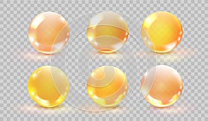 Collagen oil balls. 3d golden bubble cosmetic capsul glass sphere liquid serum, essence drop hair, droplet organic
