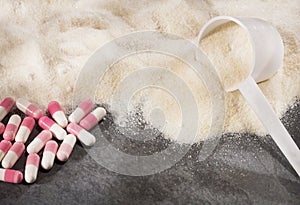 Collagen powder, Proline and MSM Sulfur capsules. Supplements to support collagen production