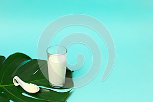 Collagen powder in spoon and glass of milk top on palm leaf