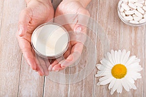 Collagen protein powder with spoon measure isolate on white background. photo