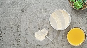 Collagen protein powder in a plastic measuring spoon and jar on a gray stone background, flat lay. Supplemental protein