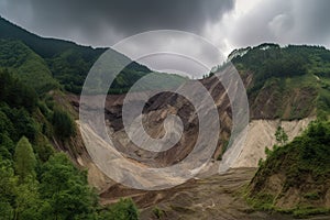 Collapse shoreline with brown dirt landslide. Generative Ai