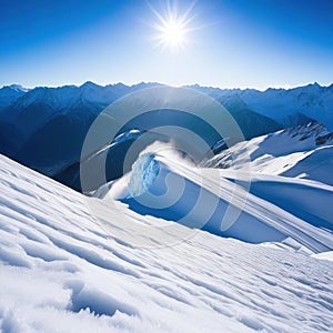 The collapse of the snow avalanche in the a powerful cloud of snow dust Force of nature in the