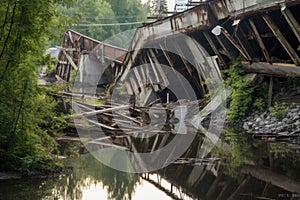 collapsed bridge with broken support beams