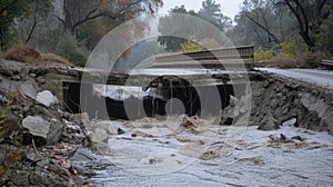 A collapsed bridge weakened by continual heavy rainfall from atmospheric rivers photo