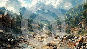 A collapsed mountain road with scattered boulders and a beautiful landscape leading to a village nestled in the mountains photo