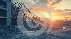 Collapsed scaffolding at construction site at dawn .