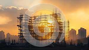 Collapsed scaffolding at construction site at dawn .