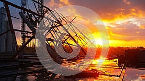 Collapsed scaffolding at construction site at dawn .