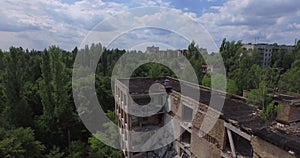 Collapsed school No1 of Pripyat town near Chernobyl (Aerial)