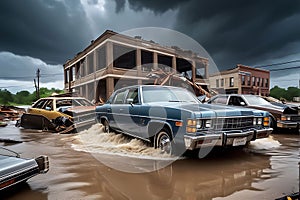 Collapsed Structures Succumbing to a Torrential Deluge: Water Violently Engulfing the Remnants of Urban Decay