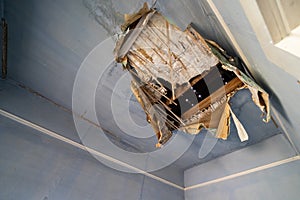 Collapsing ceiling in an abandoned home, in desperate need of repair photo