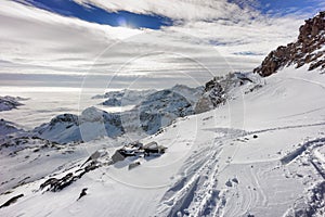 Colle della Malfatta with snow in winter, Alagna Valsesia, Italy photo