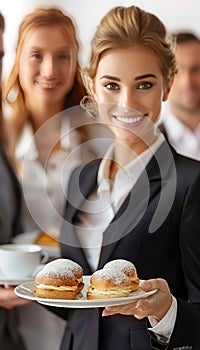 Colleagues bonding over coffee break in modern office, enjoying a moment of camaraderie