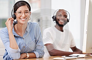 Colleagues, call centre and woman portrait with smile, office and headset for crm. Communication, customer support or
