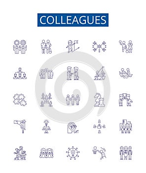 Colleagues line icons signs set. Design collection of Colleagues, Peers, Workmates, Associates, Comrades, Partners photo