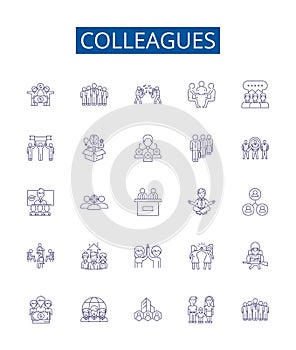 Colleagues line icons signs set. Design collection of Colleagues, Peers, Workmates, Associates, Comrades, Partners photo