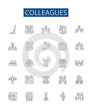 Colleagues line icons signs set. Design collection of Colleagues, Peers, Workmates, Associates, Comrades, Partners photo