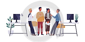 Colleagues in office flat vector illustration. Coworkers relaxing, chatting cartoon characters. Corporate worker photo