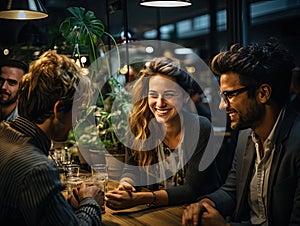 Colleagues sharing lighthearted coffee break moment