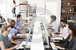 Colleagues sit using computers in a busy open plan office