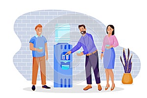 Colleagues talking and drinking water. Vector illustration. Group of people stands near water cooler in office