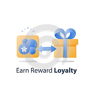 Collect bonus tokens, earn points, loyalty program, reward gift, present box, redeem prize, perks concept