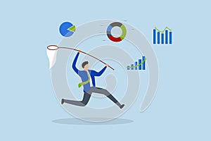Collect data, businessman catch data graph and chart with butterfly net