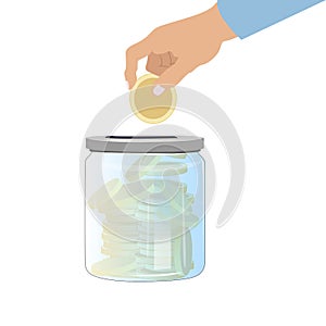 Collect money in glass jar. Banking cash deposit