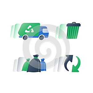Collect rubbish, garbage removal green truck, fast service, waste bin and litter bags, recycle program