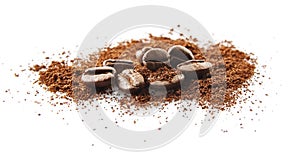Collected coffee beans with coffee powder on white