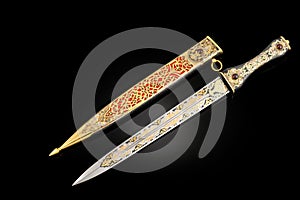 Collectible silver dagger with scabbard on black